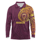 Personalized Brisbane Broncos Long Sleeve Polo Shirt Polynesian Tribal Chest and Sleeve Tattoo