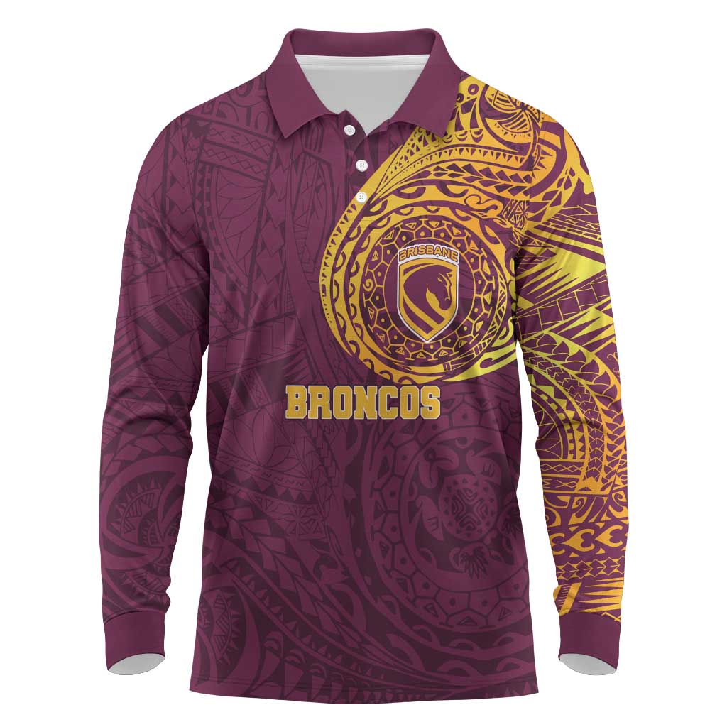 Personalized Brisbane Broncos Long Sleeve Polo Shirt Polynesian Tribal Chest and Sleeve Tattoo