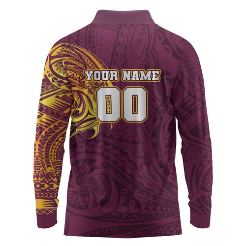 Personalized Brisbane Broncos Long Sleeve Polo Shirt Polynesian Tribal Chest and Sleeve Tattoo