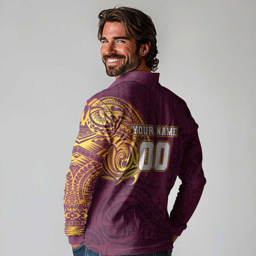 Personalized Brisbane Broncos Long Sleeve Polo Shirt Polynesian Tribal Chest and Sleeve Tattoo