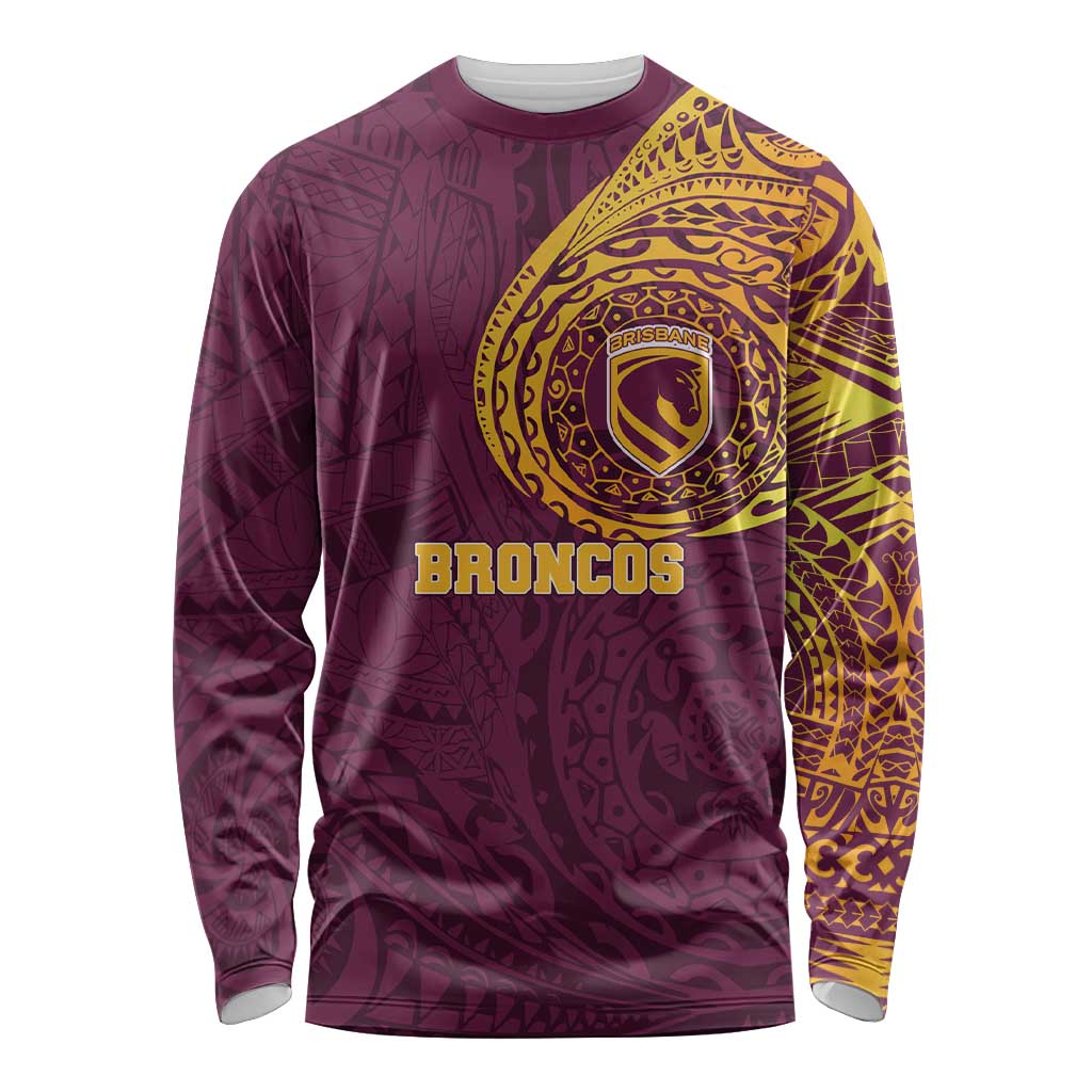 Personalized Brisbane Broncos Long Sleeve Shirt Polynesian Tribal Chest and Sleeve Tattoo