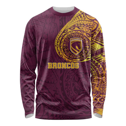 Personalized Brisbane Broncos Long Sleeve Shirt Polynesian Tribal Chest and Sleeve Tattoo