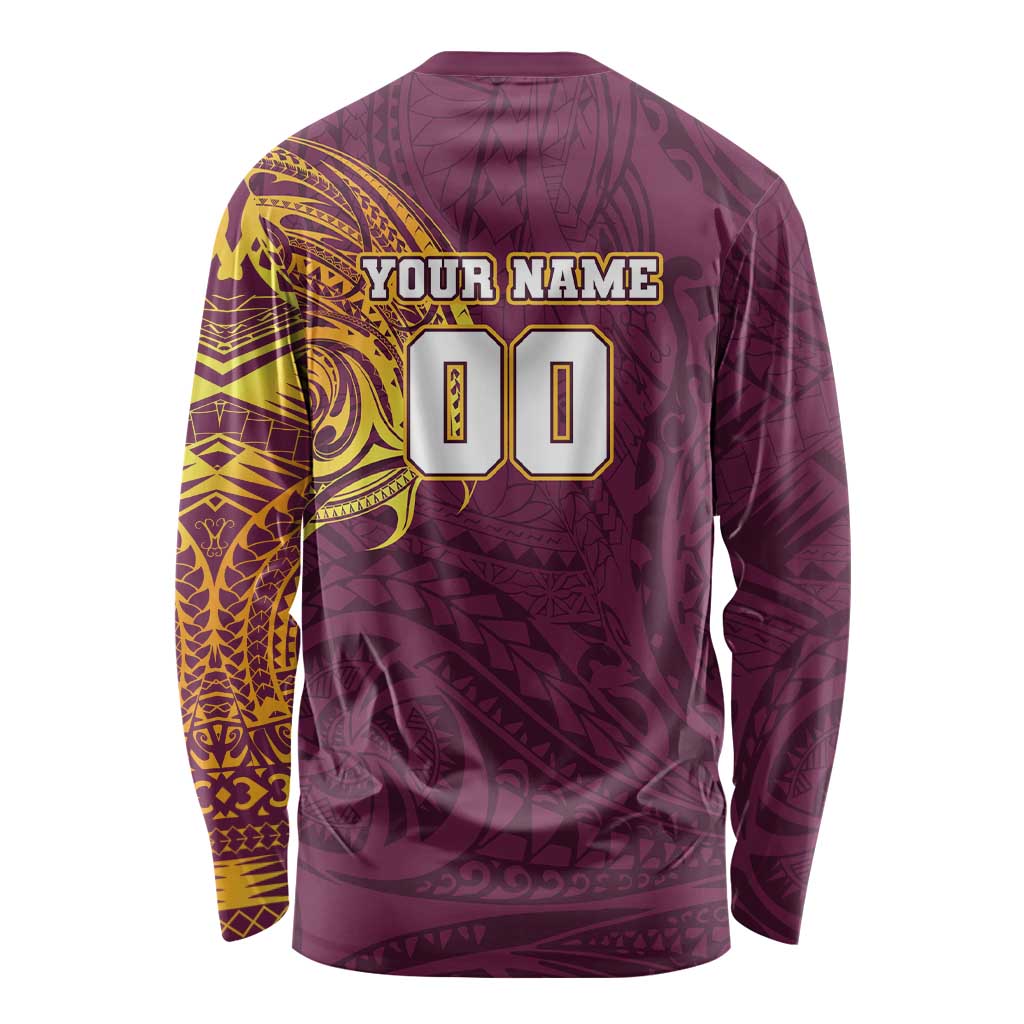 Personalized Brisbane Broncos Long Sleeve Shirt Polynesian Tribal Chest and Sleeve Tattoo
