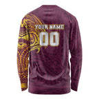 Personalized Brisbane Broncos Long Sleeve Shirt Polynesian Tribal Chest and Sleeve Tattoo