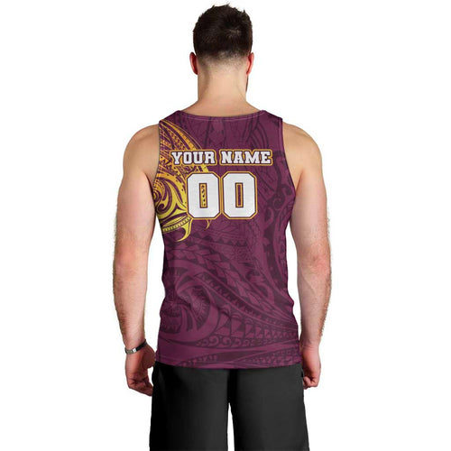 Personalized Brisbane Broncos Men Tank Top Polynesian Tribal Chest and Sleeve Tattoo