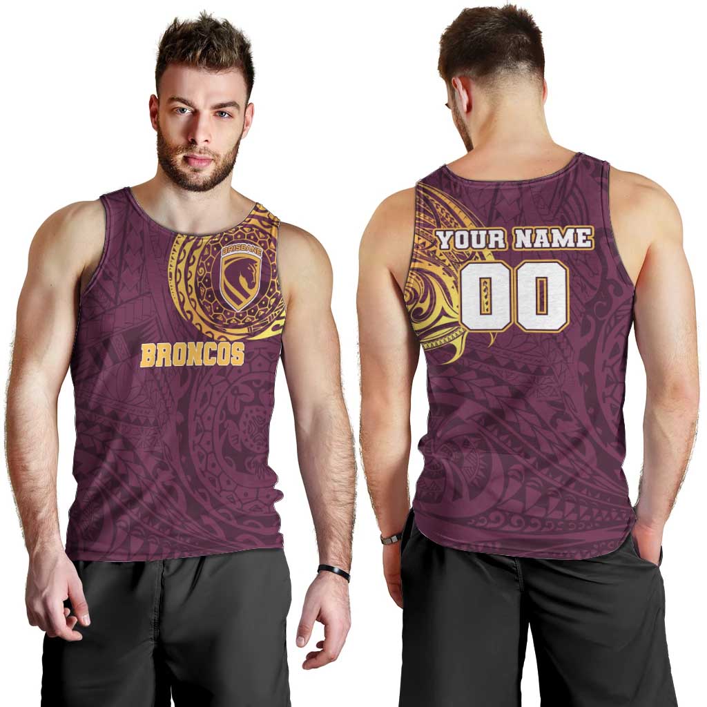 Personalized Brisbane Broncos Men Tank Top Polynesian Tribal Chest and Sleeve Tattoo