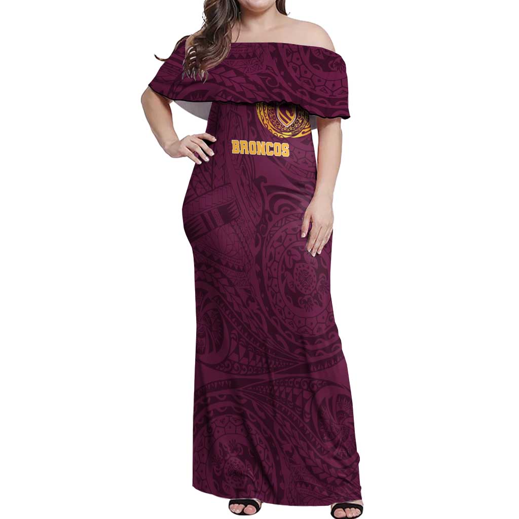 Personalized Brisbane Broncos Off Shoulder Maxi Dress Polynesian Tribal Chest and Sleeve Tattoo