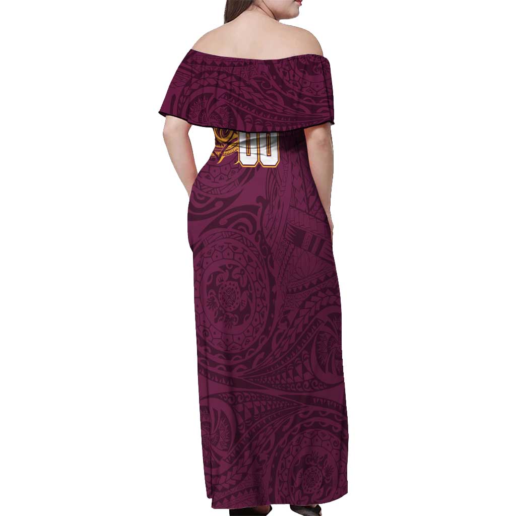 Personalized Brisbane Broncos Off Shoulder Maxi Dress Polynesian Tribal Chest and Sleeve Tattoo