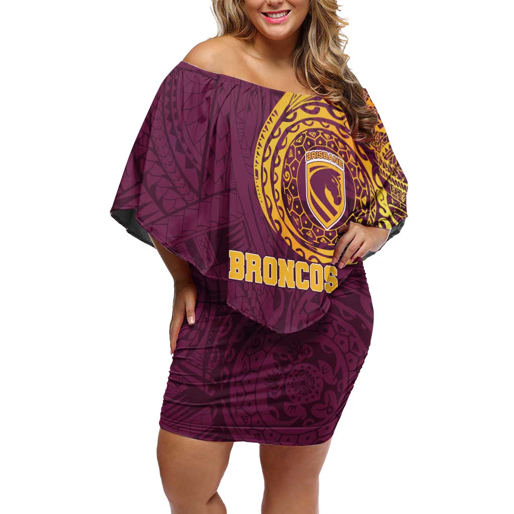 Personalized Brisbane Broncos Off Shoulder Short Dress Polynesian Tribal Chest and Sleeve Tattoo