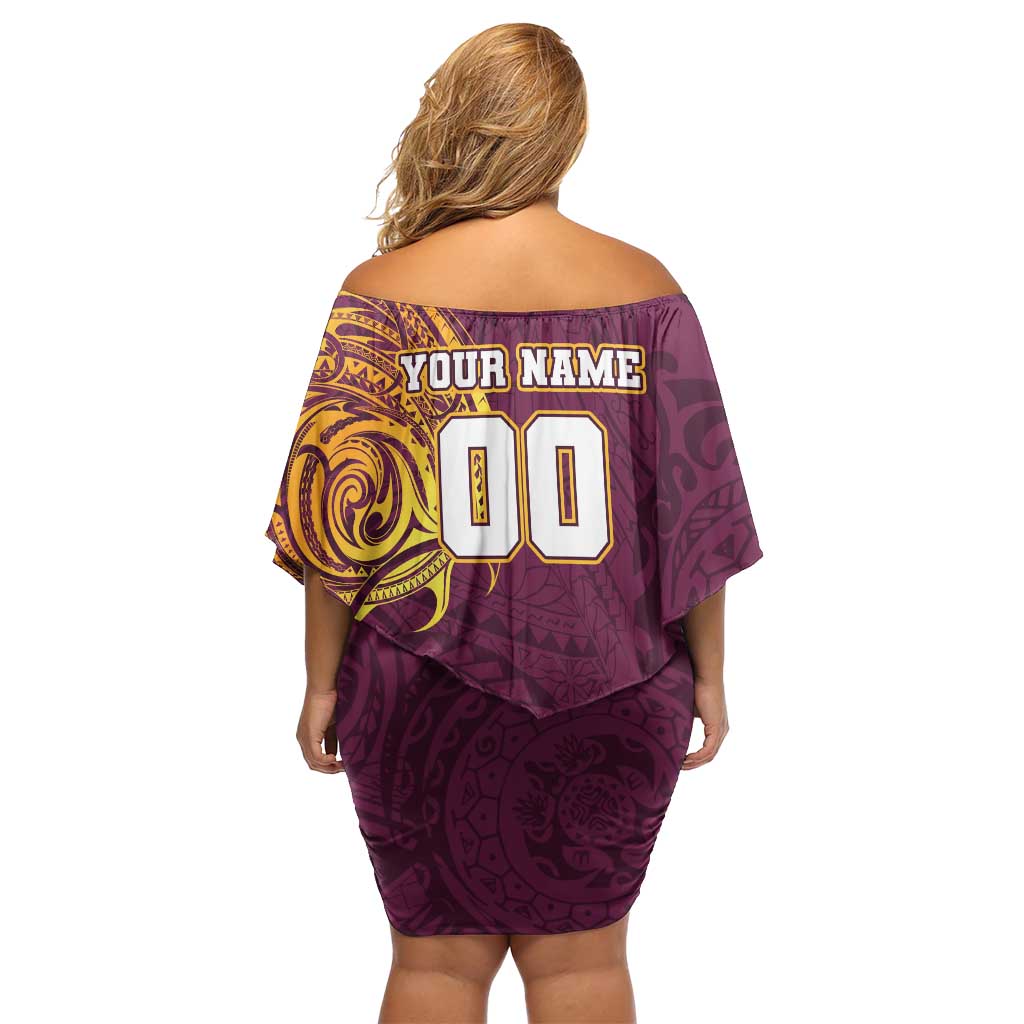 Personalized Brisbane Broncos Off Shoulder Short Dress Polynesian Tribal Chest and Sleeve Tattoo