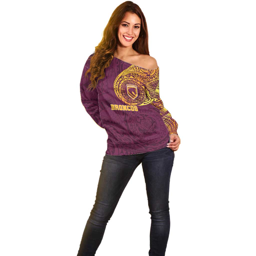 Personalized Brisbane Broncos Off Shoulder Sweater Polynesian Tribal Chest and Sleeve Tattoo