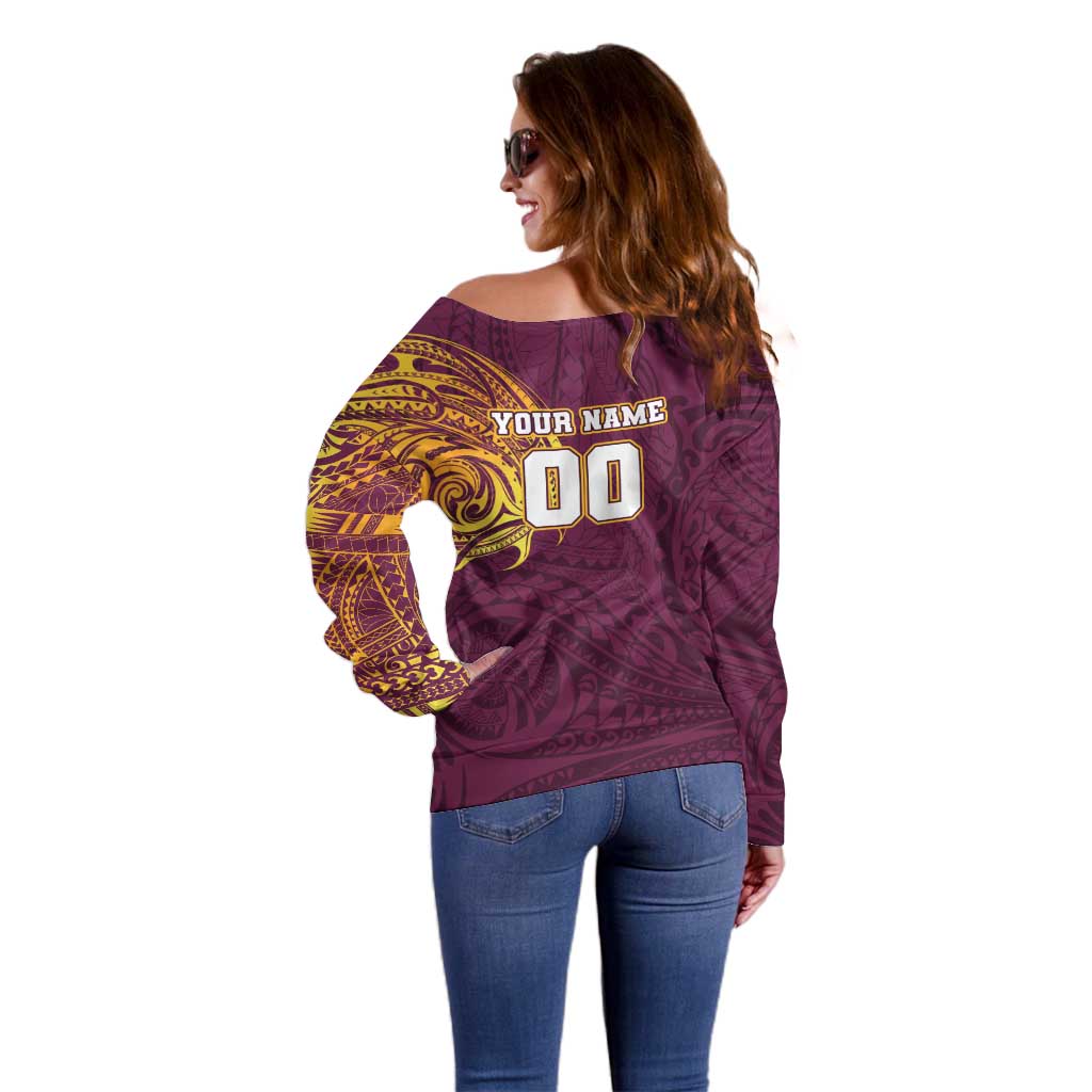 Personalized Brisbane Broncos Off Shoulder Sweater Polynesian Tribal Chest and Sleeve Tattoo