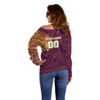 Personalized Brisbane Broncos Off Shoulder Sweater Polynesian Tribal Chest and Sleeve Tattoo