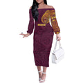 Personalized Brisbane Broncos Off The Shoulder Long Sleeve Dress Polynesian Tribal Chest and Sleeve Tattoo