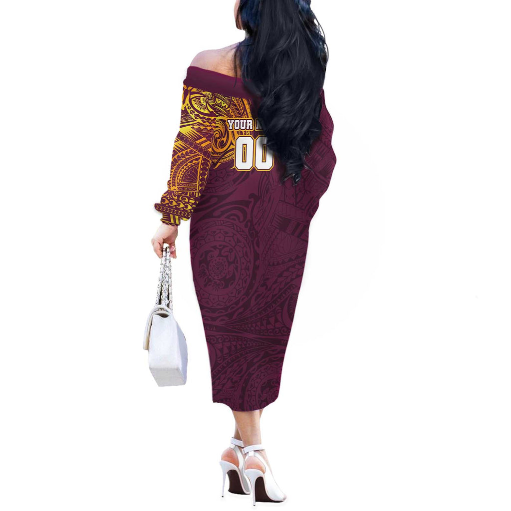 Personalized Brisbane Broncos Off The Shoulder Long Sleeve Dress Polynesian Tribal Chest and Sleeve Tattoo