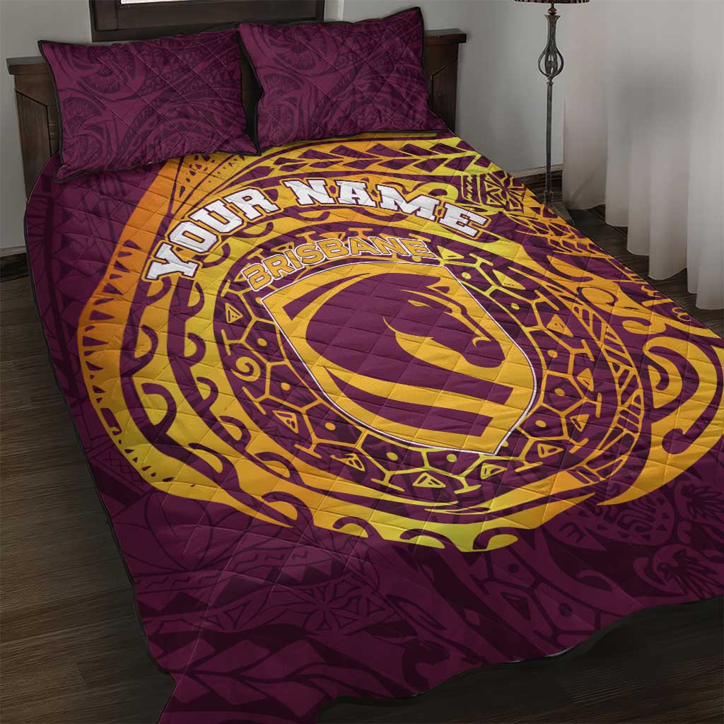 Personalized Brisbane Broncos Quilt Bed Set Polynesian Tribal Chest and Sleeve Tattoo