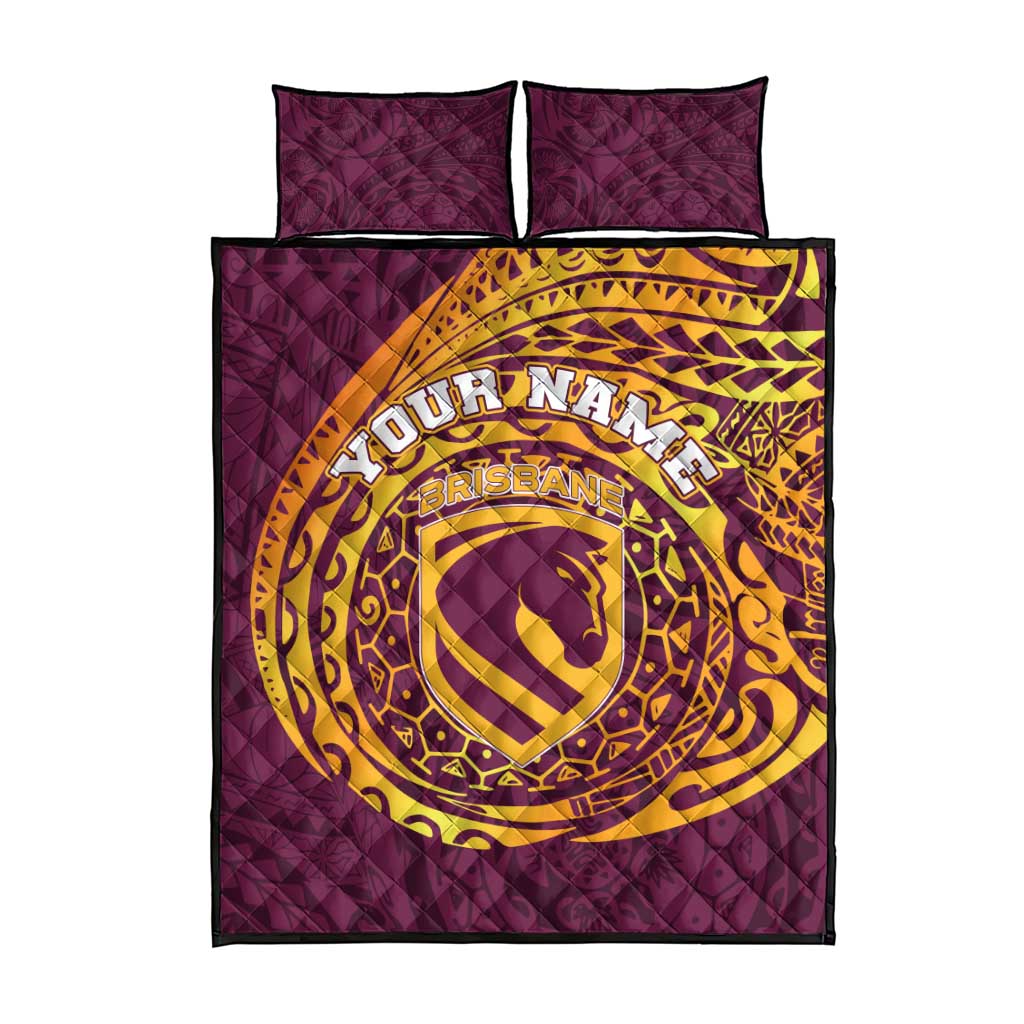 Personalized Brisbane Broncos Quilt Bed Set Polynesian Tribal Chest and Sleeve Tattoo