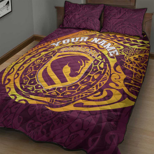Personalized Brisbane Broncos Quilt Bed Set Polynesian Tribal Chest and Sleeve Tattoo