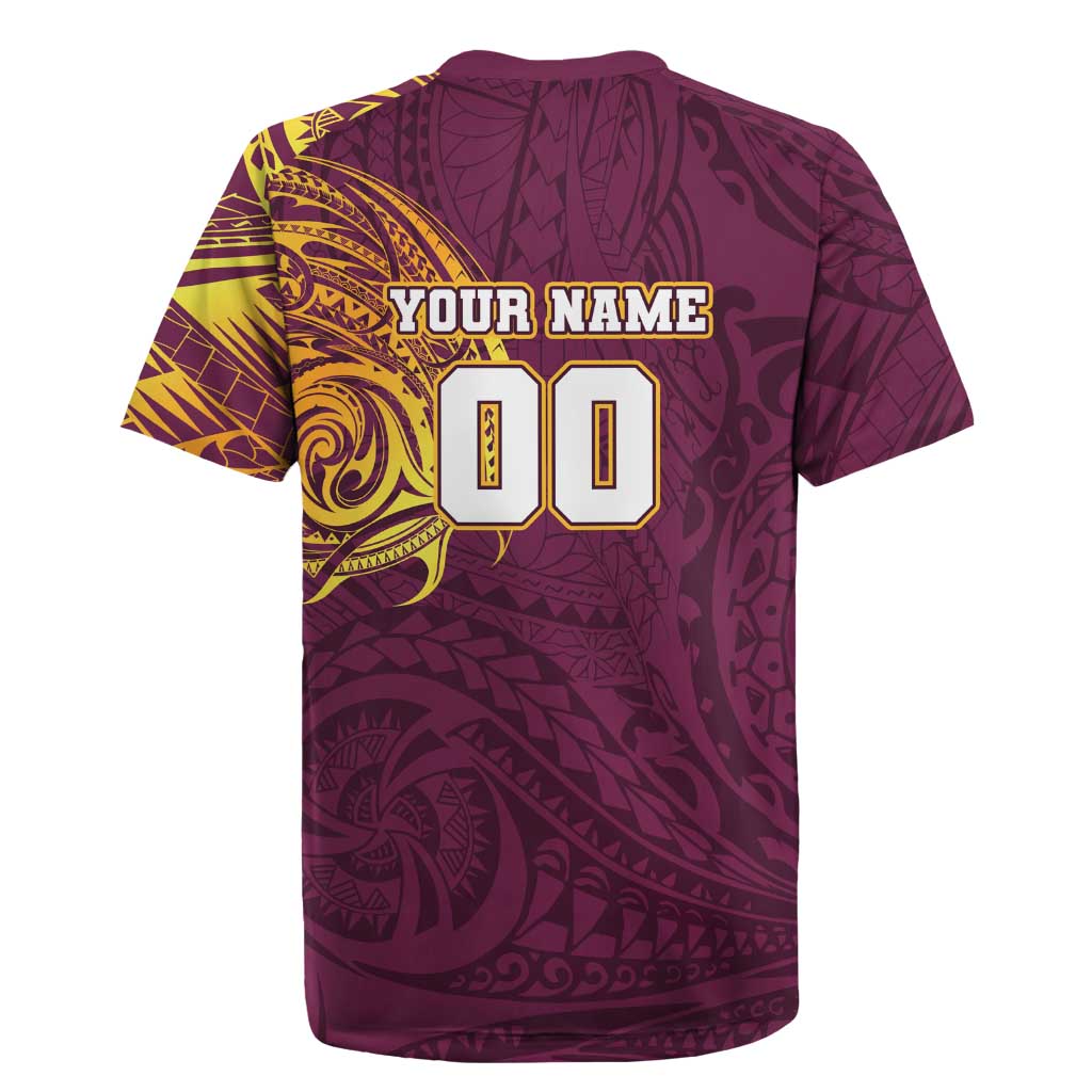 Personalized Brisbane Broncos Rugby Jersey Polynesian Tribal Chest and Sleeve Tattoo