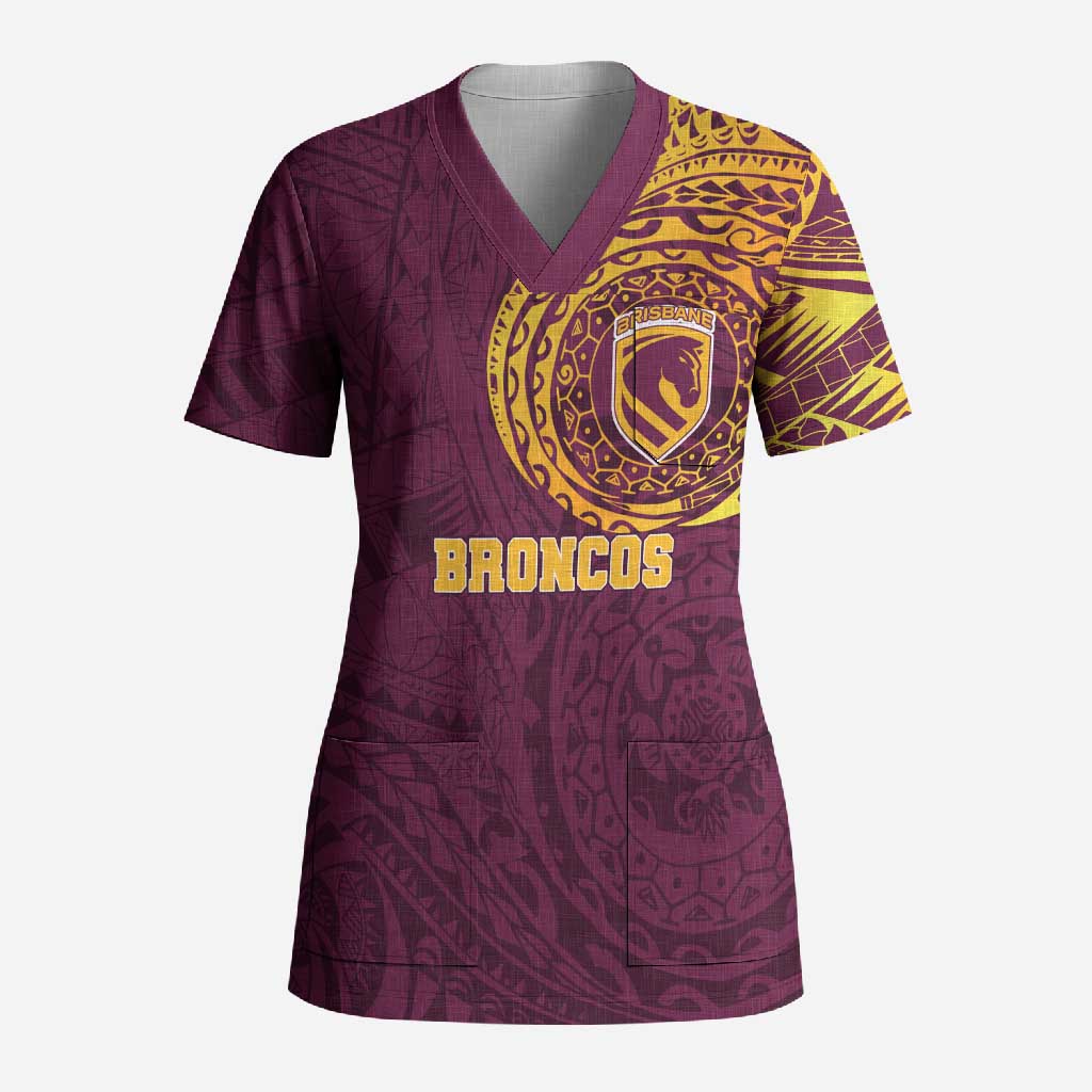 Personalized Brisbane Broncos Scrub Top Polynesian Tribal Chest and Sleeve Tattoo