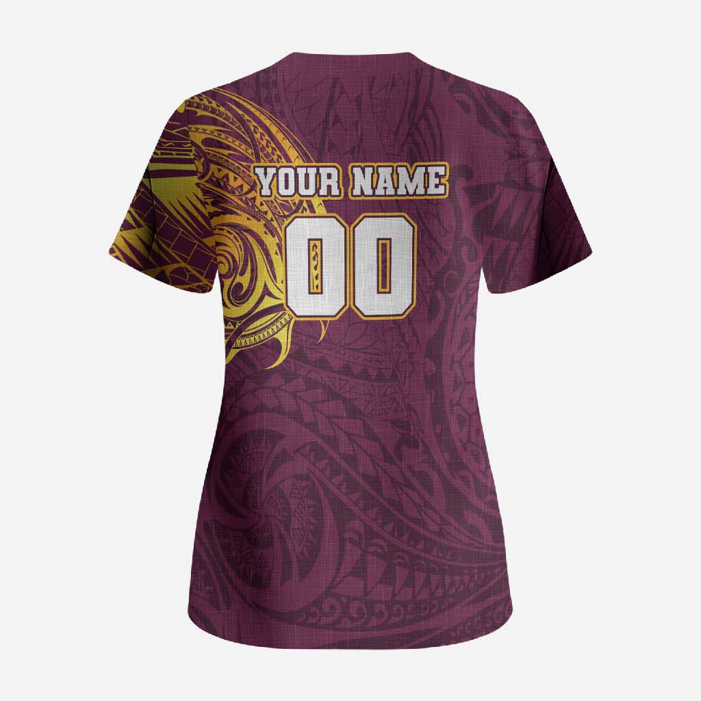 Personalized Brisbane Broncos Scrub Top Polynesian Tribal Chest and Sleeve Tattoo