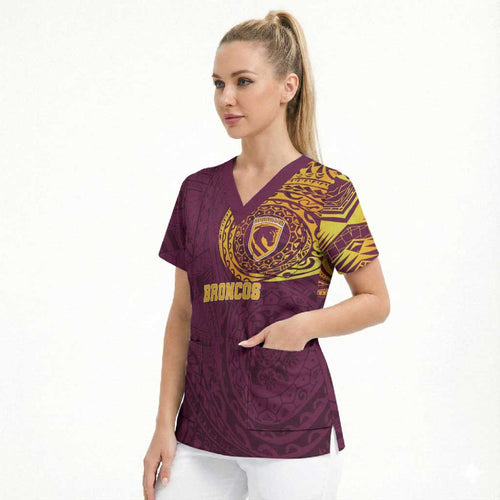 Personalized Brisbane Broncos Scrub Top Polynesian Tribal Chest and Sleeve Tattoo