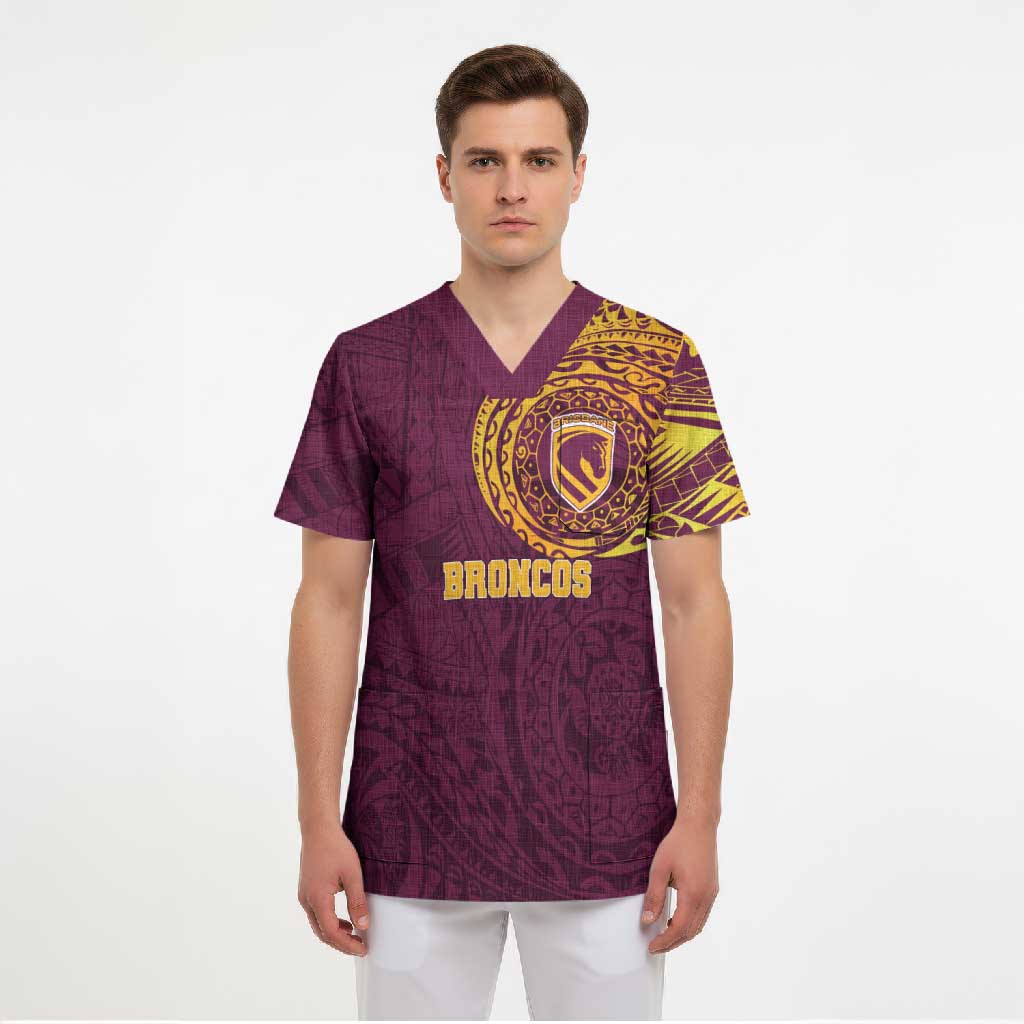 Personalized Brisbane Broncos Scrub Top Polynesian Tribal Chest and Sleeve Tattoo