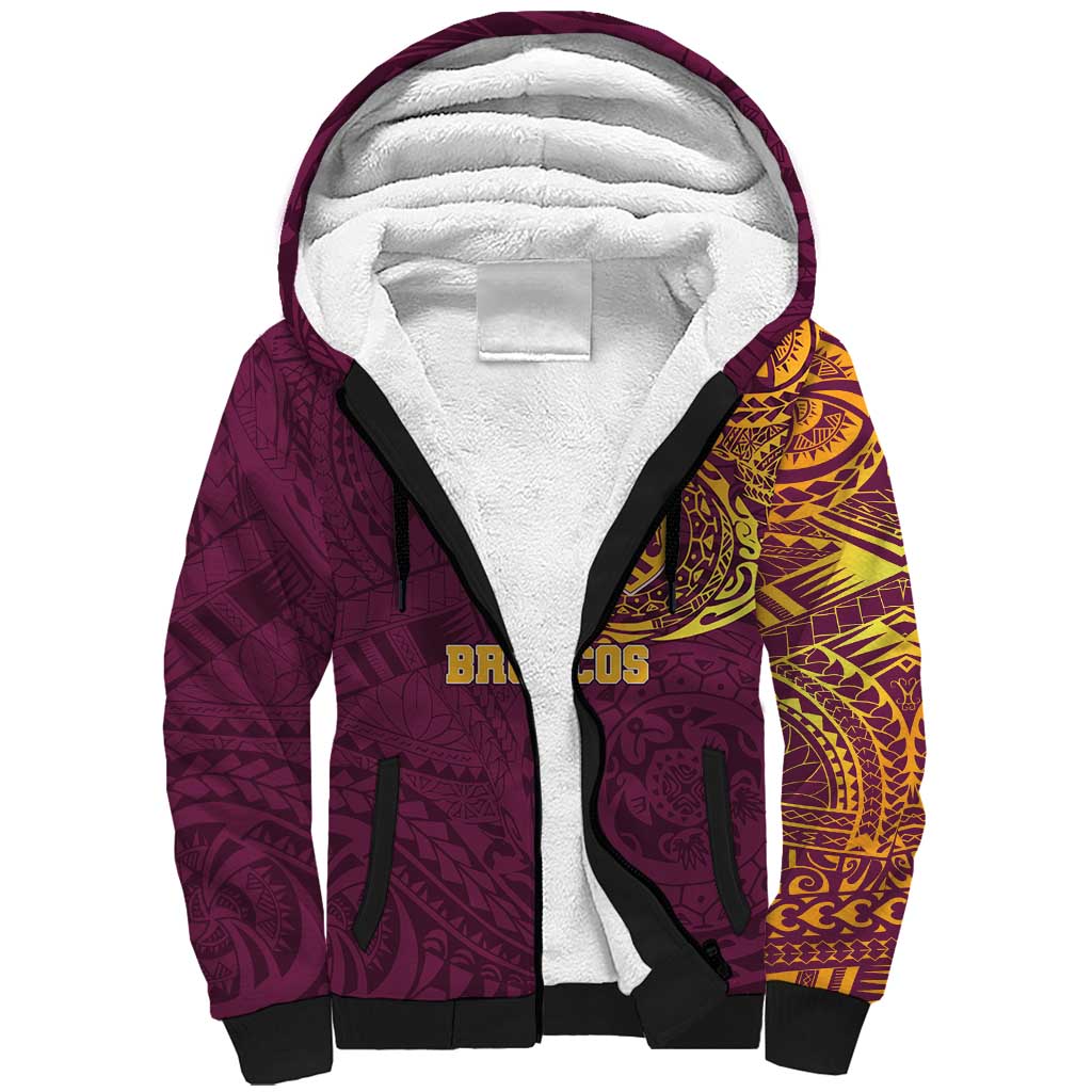 Personalized Brisbane Broncos Sherpa Hoodie Polynesian Tribal Chest and Sleeve Tattoo