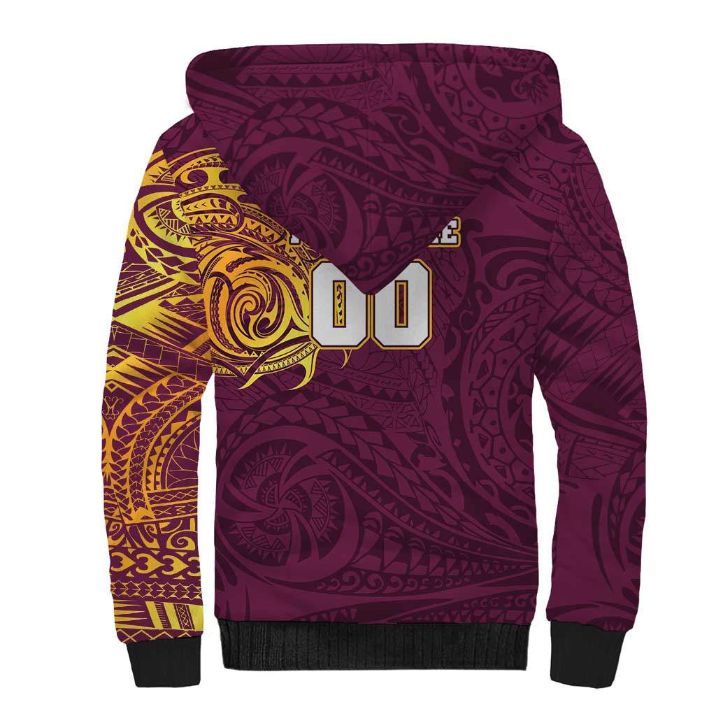 Personalized Brisbane Broncos Sherpa Hoodie Polynesian Tribal Chest and Sleeve Tattoo