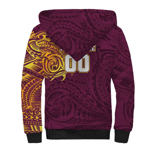 Personalized Brisbane Broncos Sherpa Hoodie Polynesian Tribal Chest and Sleeve Tattoo