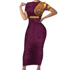 Personalized Brisbane Broncos Short Sleeve Bodycon Dress Polynesian Tribal Chest and Sleeve Tattoo