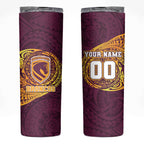 Personalized Brisbane Broncos Skinny Tumbler Polynesian Tribal Chest and Sleeve Tattoo