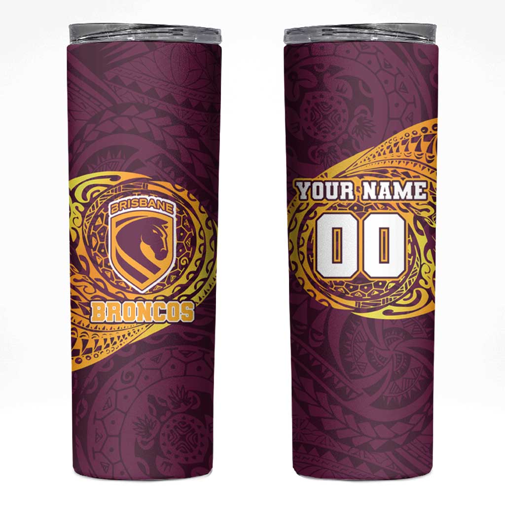 Personalized Brisbane Broncos Skinny Tumbler Polynesian Tribal Chest and Sleeve Tattoo