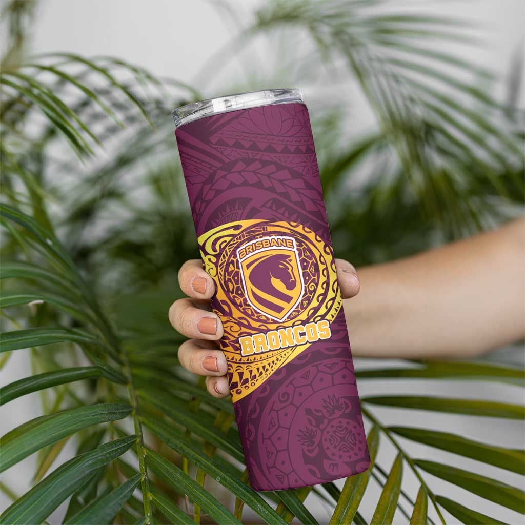 Personalized Brisbane Broncos Skinny Tumbler Polynesian Tribal Chest and Sleeve Tattoo