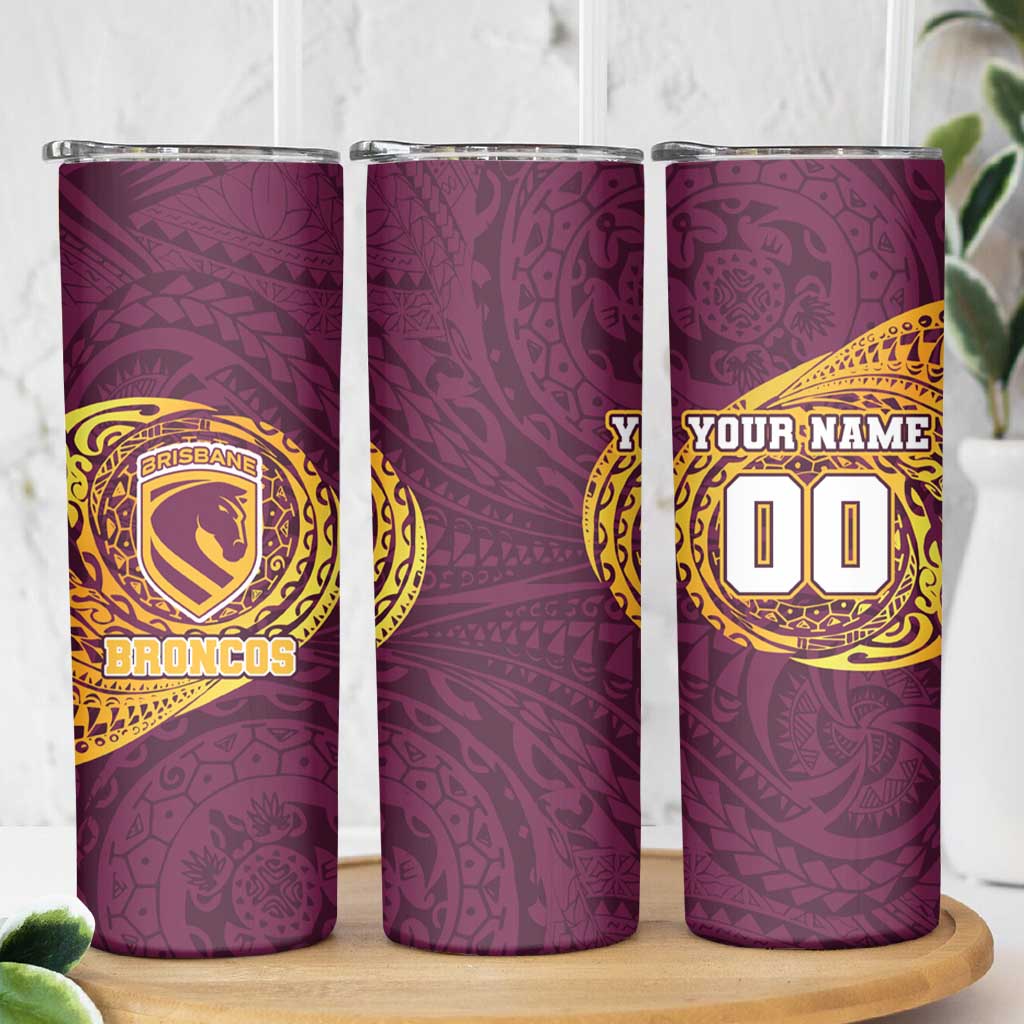 Personalized Brisbane Broncos Skinny Tumbler Polynesian Tribal Chest and Sleeve Tattoo