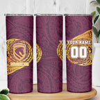 Personalized Brisbane Broncos Skinny Tumbler Polynesian Tribal Chest and Sleeve Tattoo
