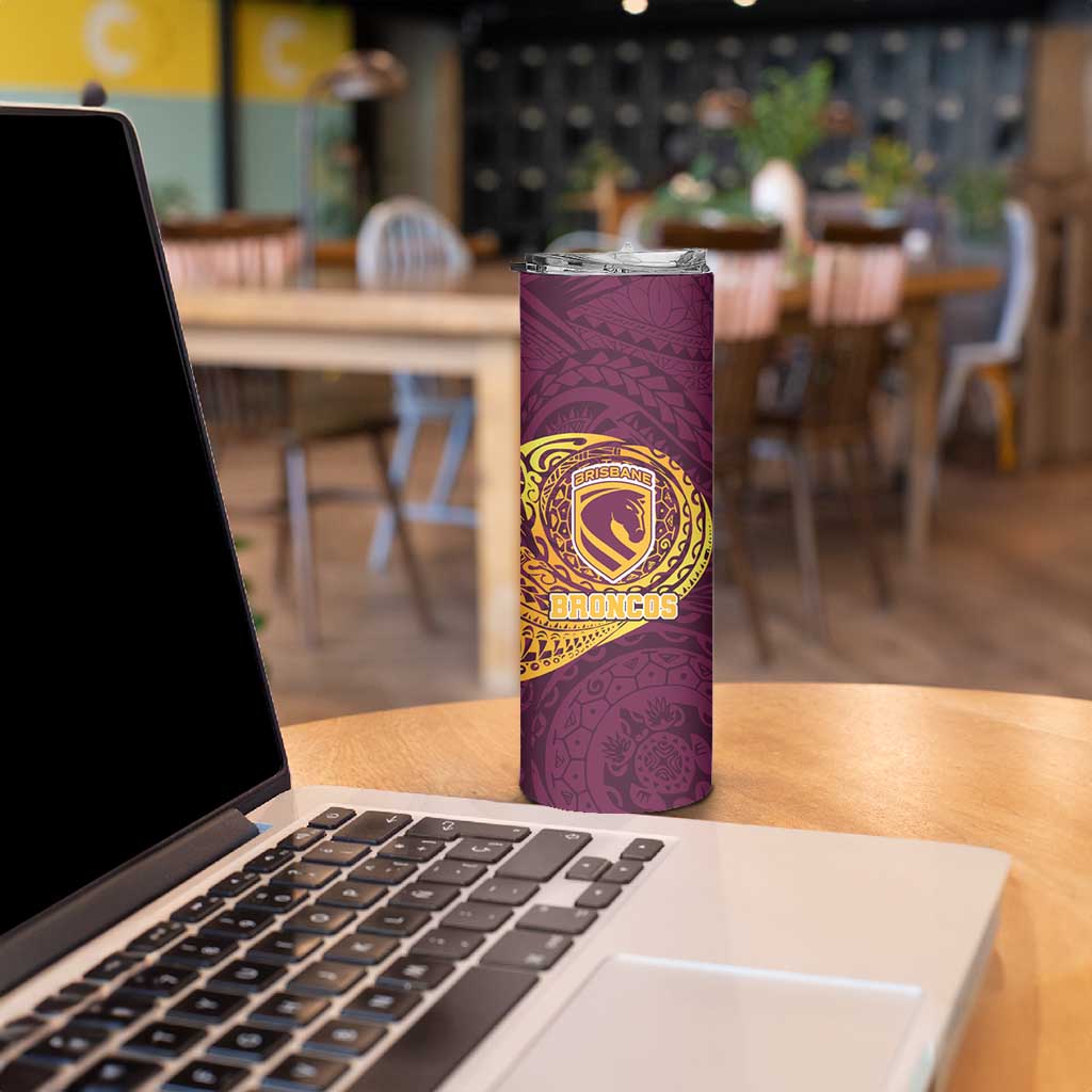 Personalized Brisbane Broncos Skinny Tumbler Polynesian Tribal Chest and Sleeve Tattoo