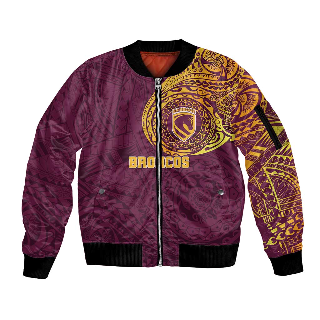 Personalized Brisbane Broncos Sleeve Zip Bomber Jacket Polynesian Tribal Chest and Sleeve Tattoo