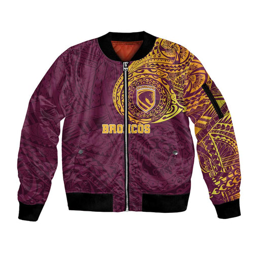 Personalized Brisbane Broncos Sleeve Zip Bomber Jacket Polynesian Tribal Chest and Sleeve Tattoo