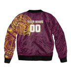 Personalized Brisbane Broncos Sleeve Zip Bomber Jacket Polynesian Tribal Chest and Sleeve Tattoo