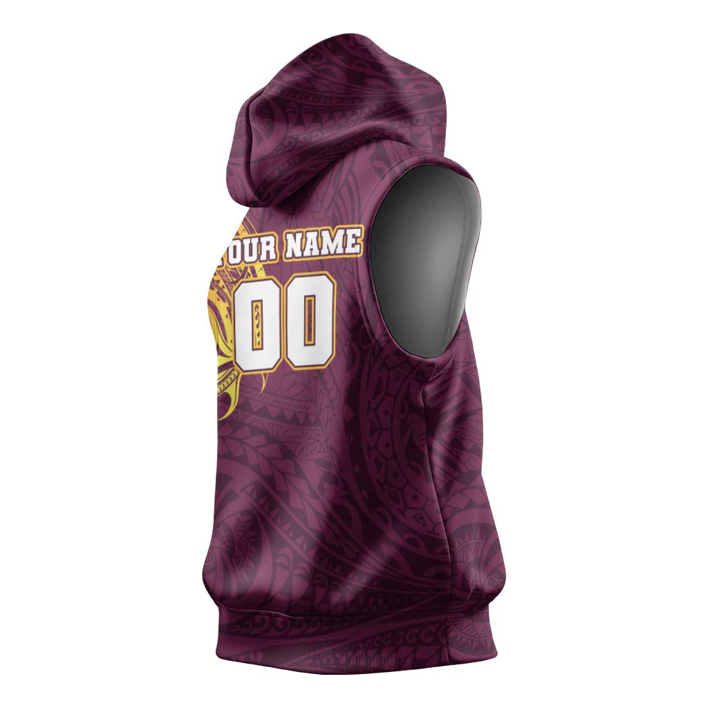 Personalized Brisbane Broncos Sleeveless Hoodie Polynesian Tribal Chest and Sleeve Tattoo