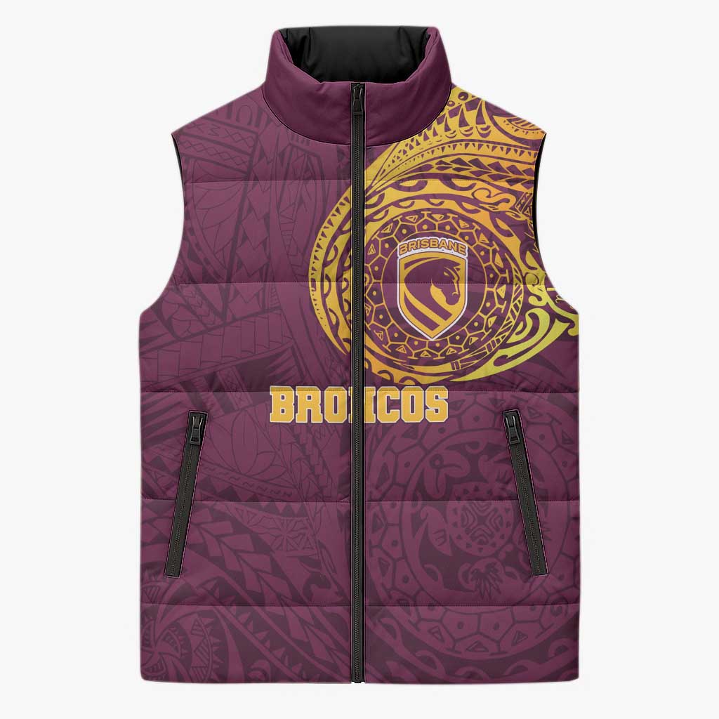 Personalized Brisbane Broncos Sleeveless Puffer Jacket Polynesian Tribal Chest and Sleeve Tattoo