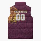 Personalized Brisbane Broncos Sleeveless Puffer Jacket Polynesian Tribal Chest and Sleeve Tattoo