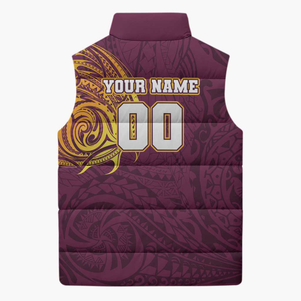 Personalized Brisbane Broncos Sleeveless Puffer Jacket Polynesian Tribal Chest and Sleeve Tattoo