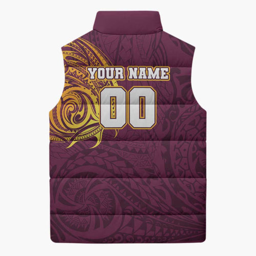 Personalized Brisbane Broncos Sleeveless Puffer Jacket Polynesian Tribal Chest and Sleeve Tattoo