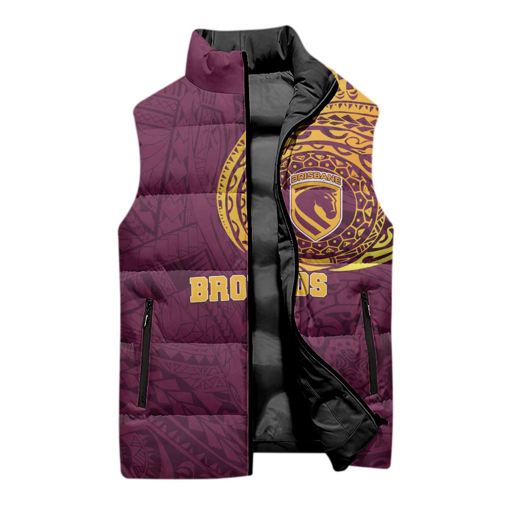 Personalized Brisbane Broncos Sleeveless Puffer Jacket Polynesian Tribal Chest and Sleeve Tattoo