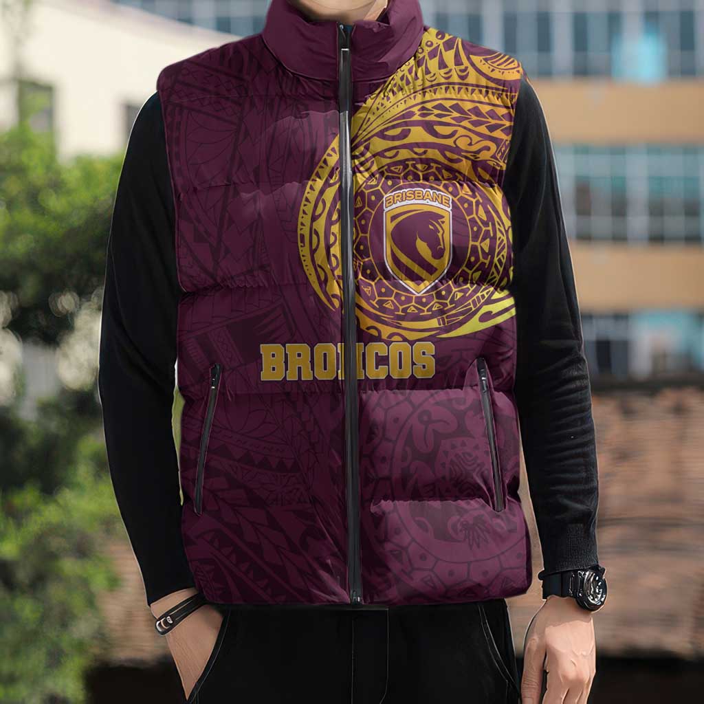 Personalized Brisbane Broncos Sleeveless Puffer Jacket Polynesian Tribal Chest and Sleeve Tattoo