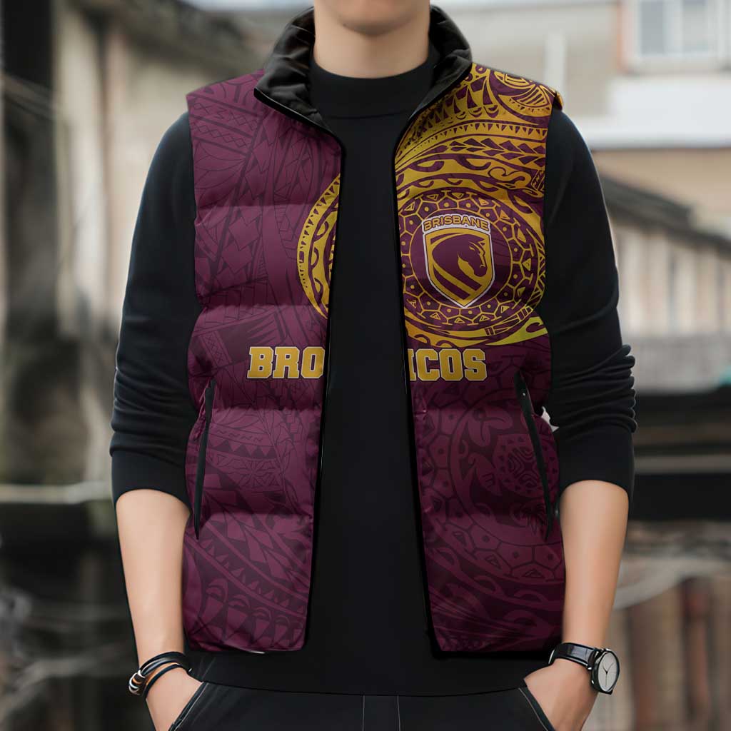 Personalized Brisbane Broncos Sleeveless Puffer Jacket Polynesian Tribal Chest and Sleeve Tattoo