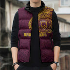 Personalized Brisbane Broncos Sleeveless Puffer Jacket Polynesian Tribal Chest and Sleeve Tattoo