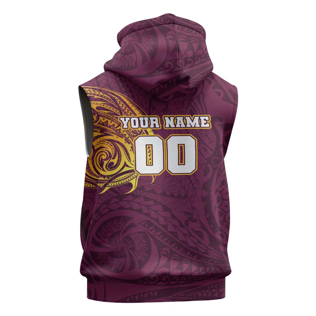 Personalized Brisbane Broncos Sleeveless Zip Hoodie Polynesian Tribal Chest and Sleeve Tattoo